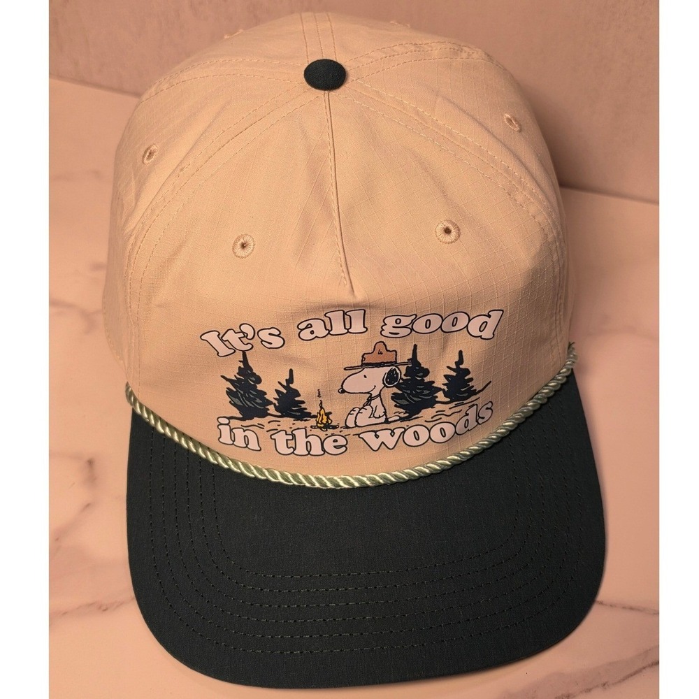 Peanuts Snoopy Camping Ripstop Snapback Hat Tan Green Its All Good In The Woods - Picture 2 of 8
